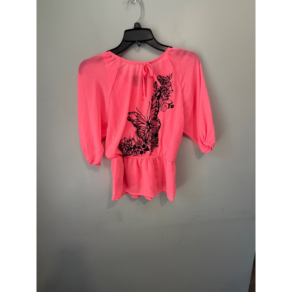 Amy Byer IZ Neon Pink Butterfly Graphic Peplum Blouse 3/4 Sleeve Size M